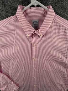 Brooks Brothers Button Up Shirt Men Striped Pink Large Slim Fit All Cotton Adult